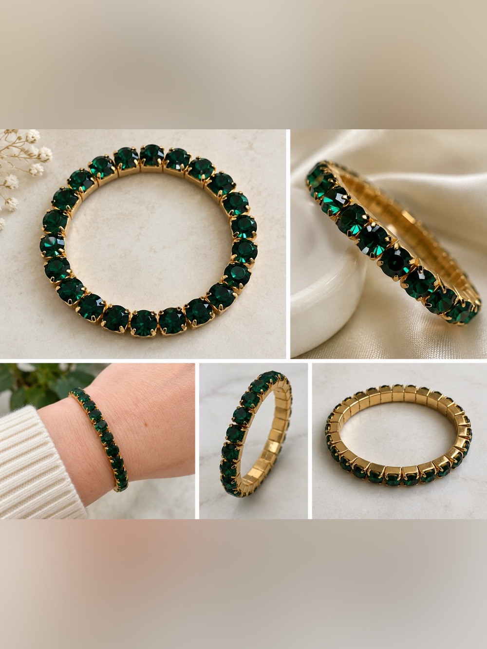 Emerald Green Crystal Rhinestone Stretch Tennis Bracelet Gold Tone